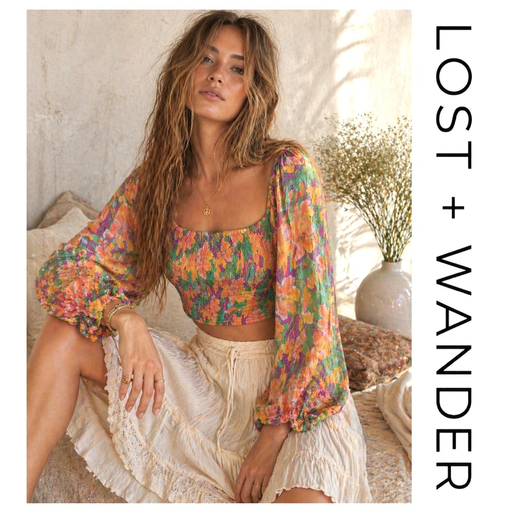 Lost + Wander Peach Multicolor Floral Smocked Crop Top Waist Tie Large NWT